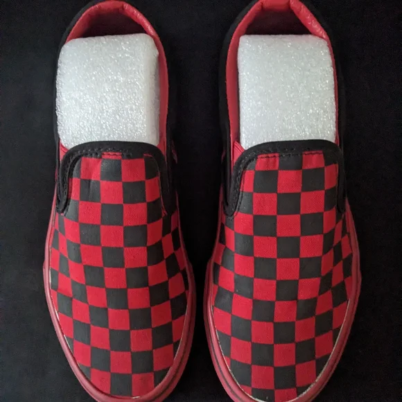 Vans Red and Black Checkered Slip-On Shoes - Picture 1 of 9